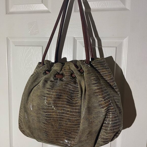 Chez by Cheryl Snake skin embossed Drawstring Hobo bag leather brown straps - Picture 1 of 14